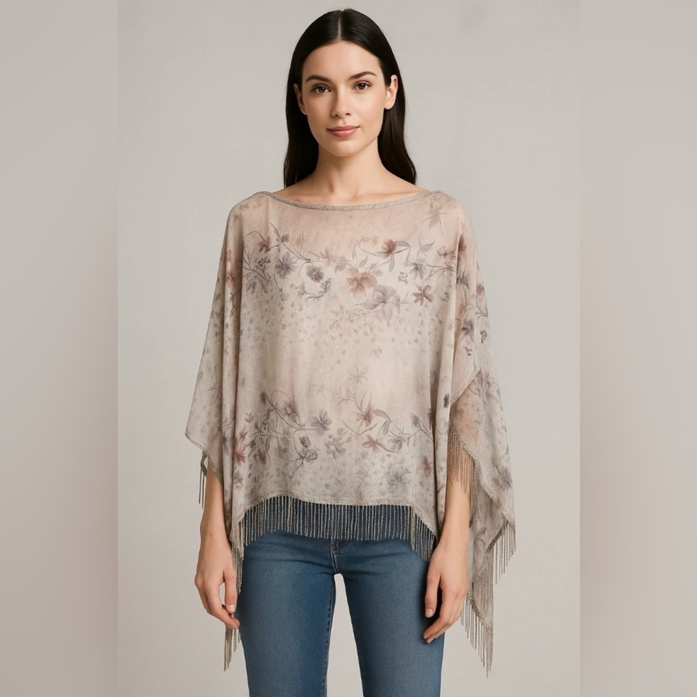 Elie Tahari Sheer Silk Poncho, floral print, boat neck, silver beaded hem, Small